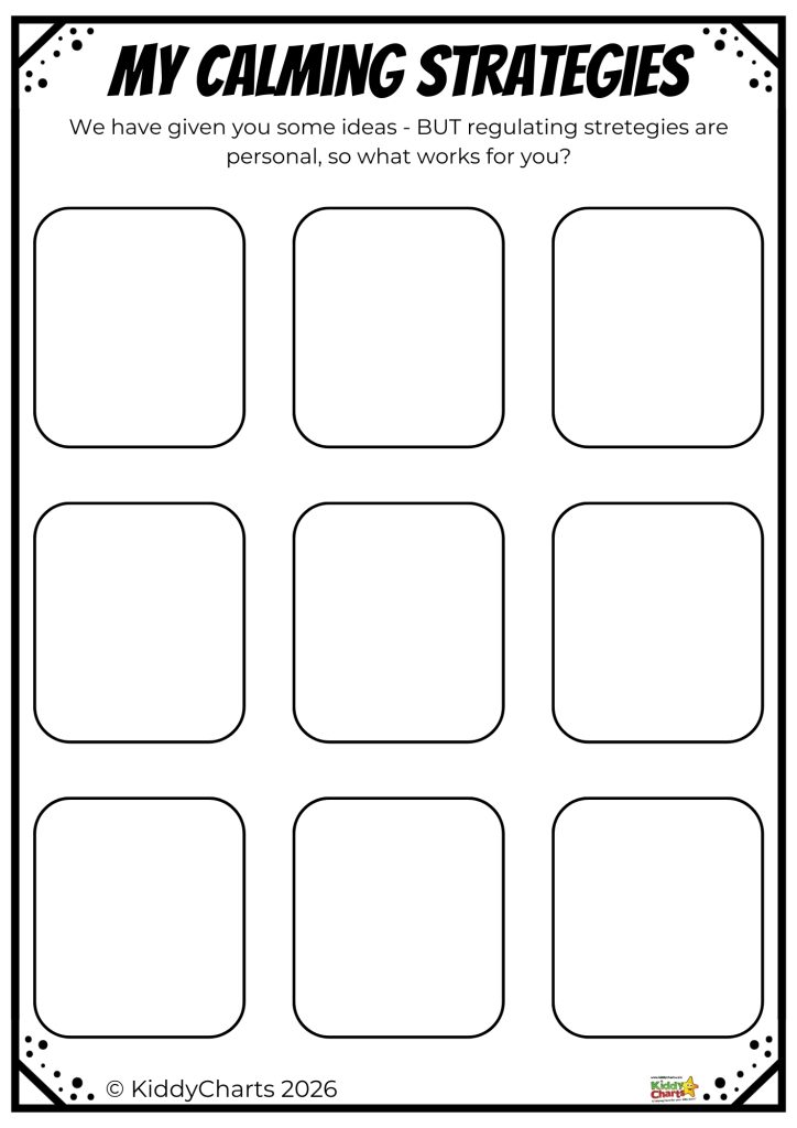 Worksheet titled "My Calming Strategies" featuring nine empty boxes. Encourages personalized regulation strategies. Produced by KiddyCharts, no landmarks present.