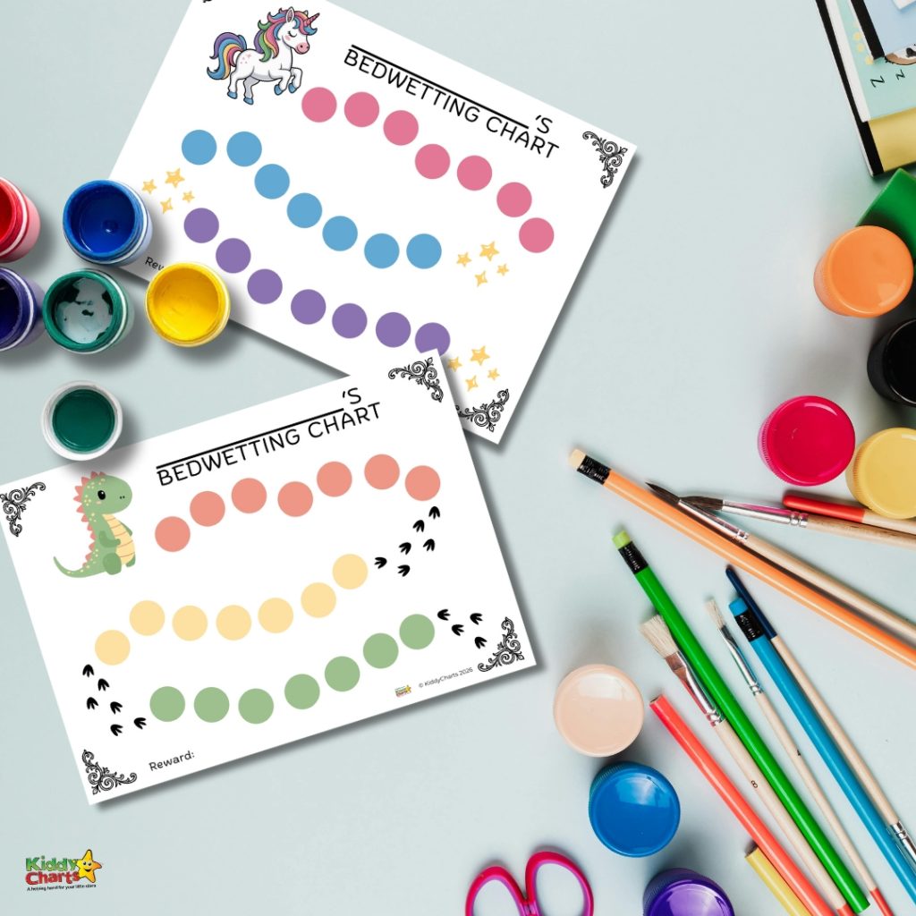 Children's bedwetting charts featuring a unicorn and dinosaur, surrounded by colorful paints and pencils on a light surface.