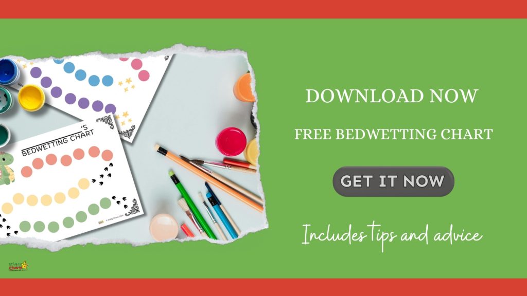 Art supplies and colorful bedwetting charts on a desk; download free chart. Includes tips and advice. Green background with promotional text.