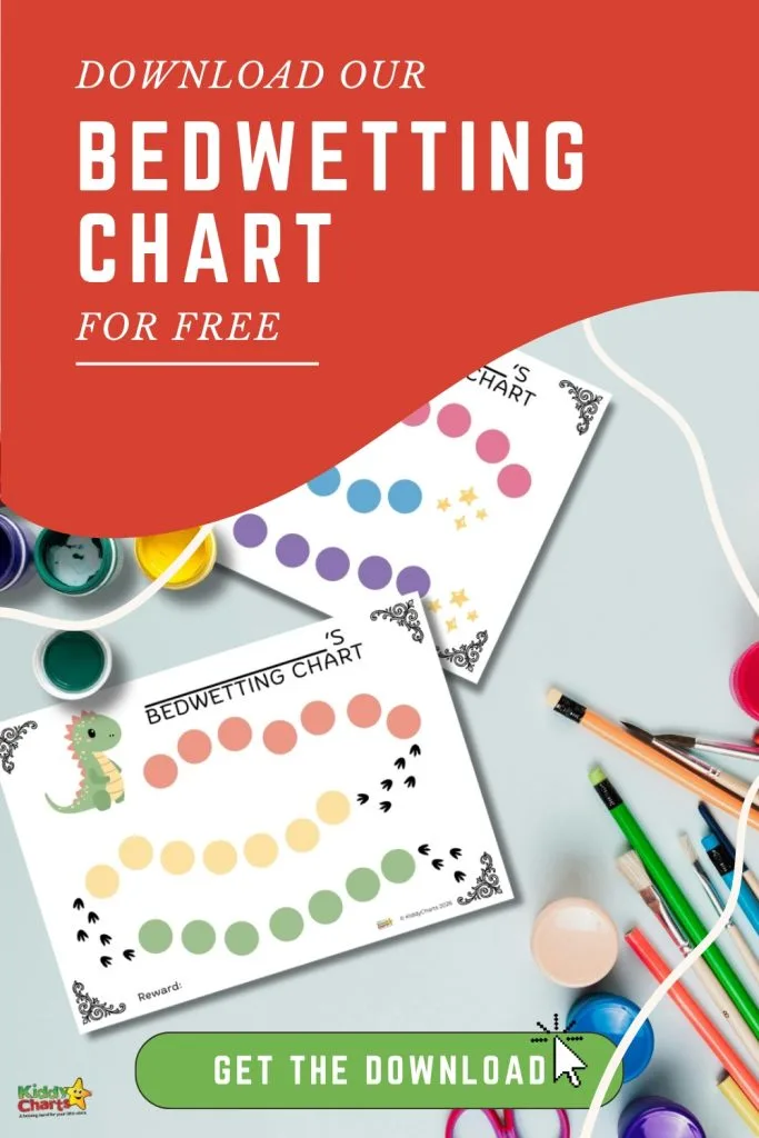 Colorful bedwetting charts with dinosaur design for kids, surrounded by art supplies. Prominent "Download Our Bedwetting Chart For Free" banner.