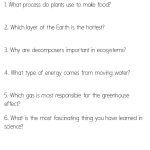 Black-and-white nature quiz with six questions about plants, Earth's layers, decomposers, hydropower, greenhouse gases, and science learning, © KiddyCharts 2026.