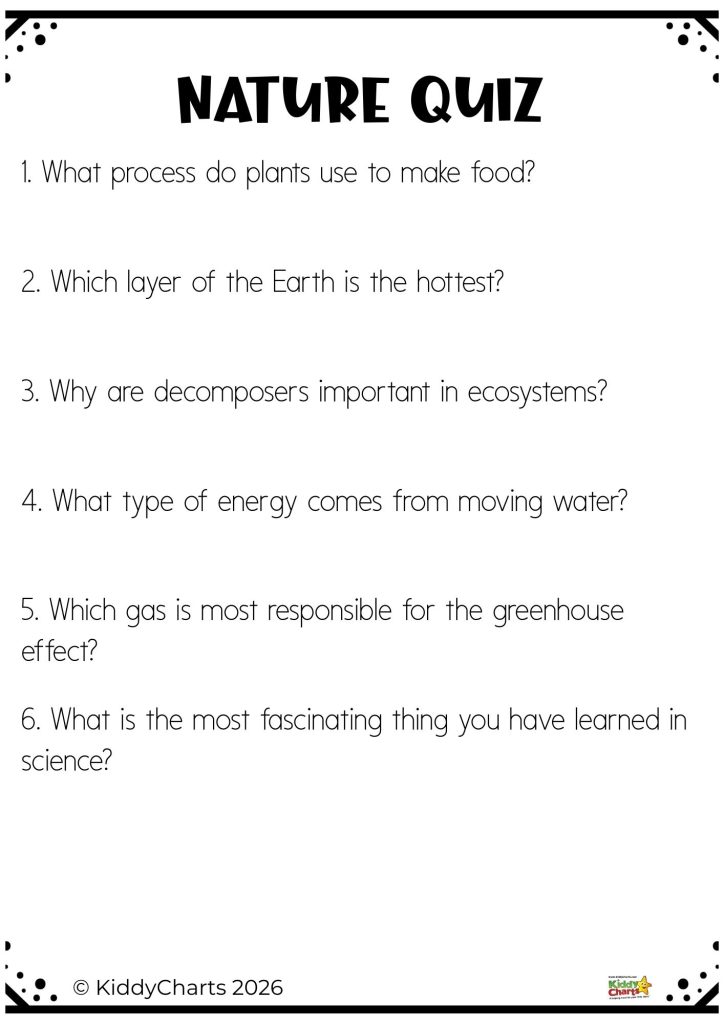 Black-and-white nature quiz with six questions about plants, Earth's layers, decomposers, hydropower, greenhouse gases, and science learning, © KiddyCharts 2026.