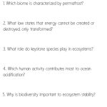 "Nature Quiz image displays five questions about ecosystems, energy laws, keystone species, ocean acidification, and biodiversity from KiddyCharts 2026."
