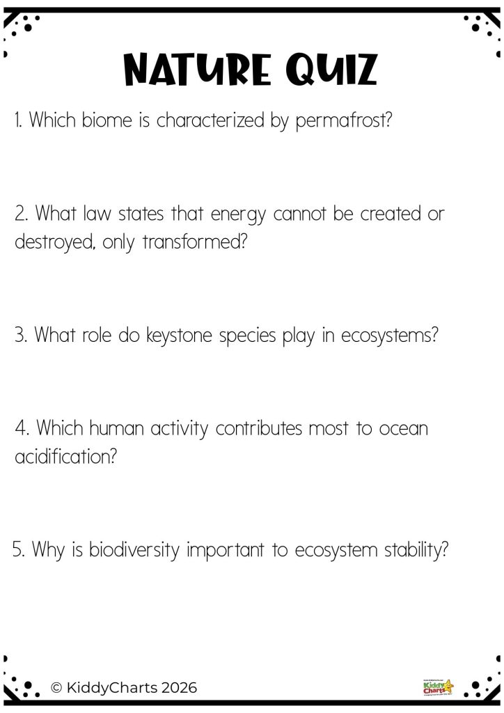 "Nature Quiz image displays five questions about ecosystems, energy laws, keystone species, ocean acidification, and biodiversity from KiddyCharts 2026."
