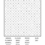 A word search puzzle titled "Find the Nature" features nature-related words like grass, cloud, rock, animal, and seed. Created by KiddyCharts 2026.