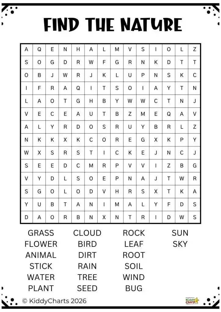 A word search puzzle titled "Find the Nature" features nature-related words like grass, cloud, rock, animal, and seed. Created by KiddyCharts 2026.