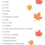 Colorful outdoor scavenger hunt list with autumn leaves. Items include nature elements like leaves, sticks, and clouds, encouraging exploration and observation.