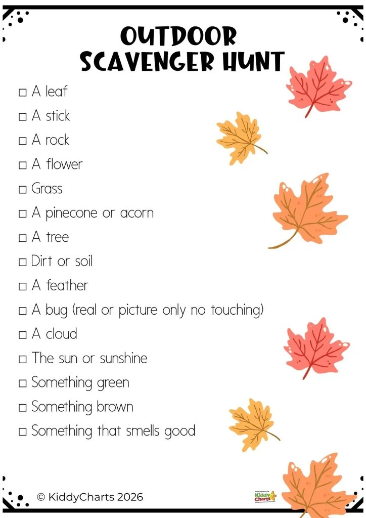 Colorful outdoor scavenger hunt list with autumn leaves. Items include nature elements like leaves, sticks, and clouds, encouraging exploration and observation.