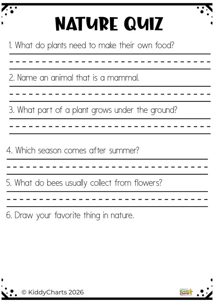 Nature-themed quiz with six questions about plants, animals, and seasons. Includes a drawing activity for children. Designed by KiddyCharts 2026.
