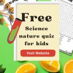 Advertisement for free science nature quiz for kids, featuring oranges, nature-themed backgrounds, and a website link.