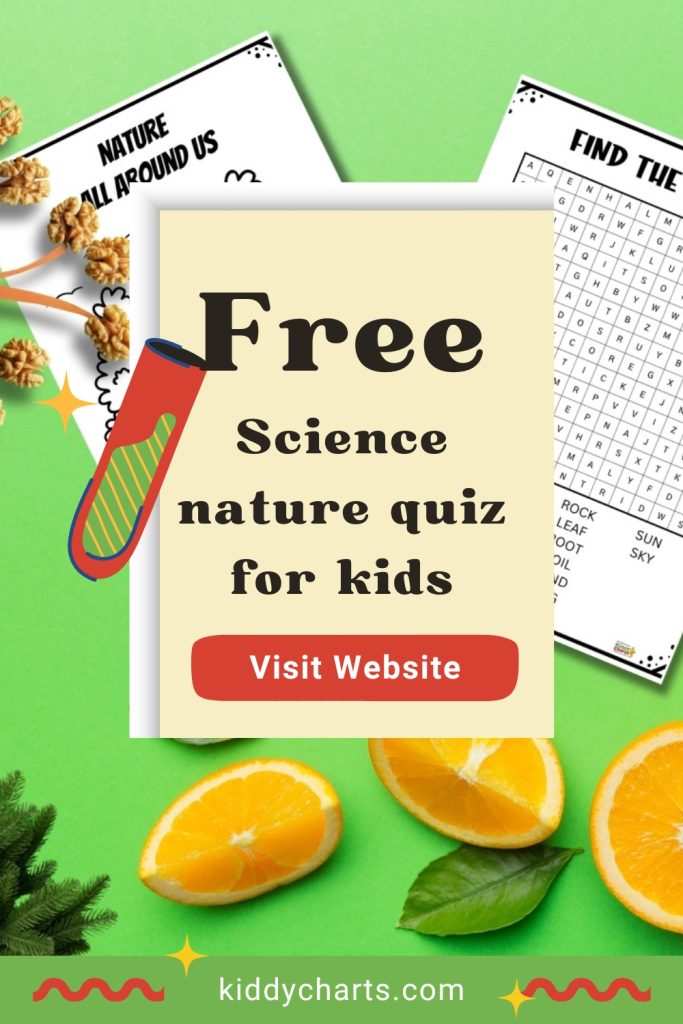 Advertisement for free science nature quiz for kids, featuring oranges, nature-themed backgrounds, and a website link.