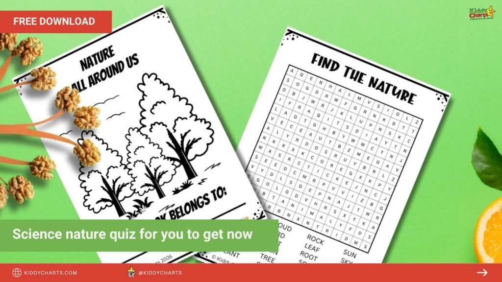 Nature-themed printable worksheets on a green background with walnuts and an orange slice decoration. Includes word search and tree illustration.