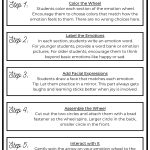 Emotion Wheel Activity guide with five steps: color, label emotions, add facial expressions, assemble, interact. Encourages creativity and emotional understanding for students.
