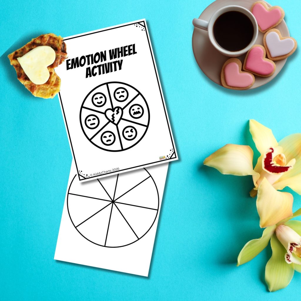 Emotion wheel activity sheet with various faces, coffee, heart-shaped cookies, waffle, and yellow orchids on a blue background.