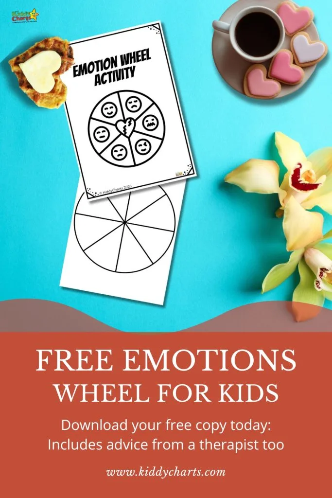 Emotion wheel activity sheets on a blue background, accompanied by a cup of coffee, heart-shaped cookies, and an orchid flower.