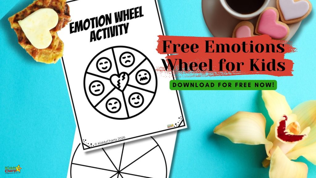 Emotion wheel activity for kids with heart-shaped snacks, coffee, and a flower on a blue background. Download for free now.