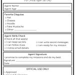 "Secret Agent Enrollment Form with sections for name, disguises, skills, and signature. Includes approval checkboxes and agent badge number area."
