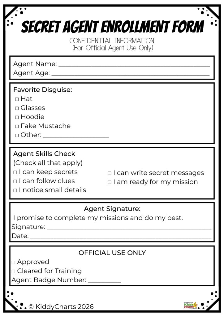 "Secret Agent Enrollment Form with sections for name, disguises, skills, and signature. Includes approval checkboxes and agent badge number area."
