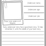 Worksheet titled "Mission #1: Identity" for creating an undercover persona with sections for name, age, job, disguise drawing, and backstory.