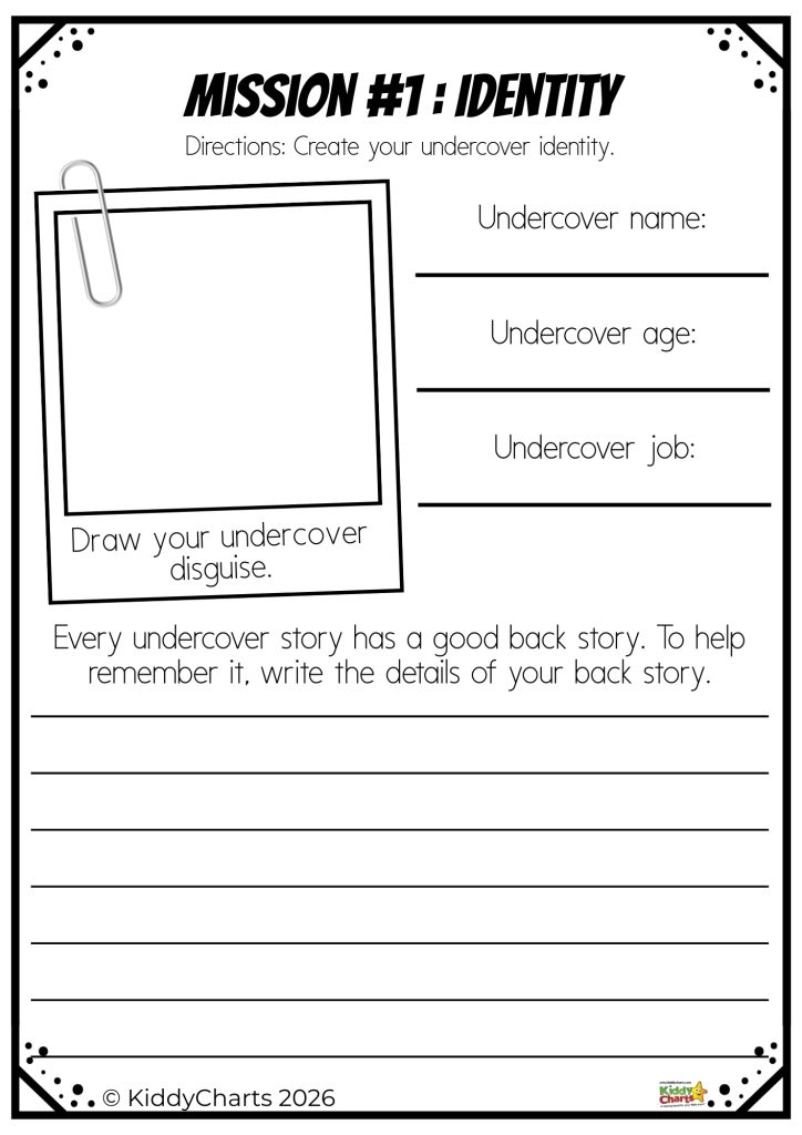 Worksheet titled "Mission #1: Identity" for creating an undercover persona with sections for name, age, job, disguise drawing, and backstory.
