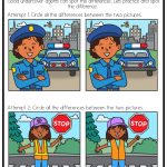 Two spot-the-difference puzzles featuring different scenes with people, police cars, buildings, and trees. Instructions guide observers to identify differences.