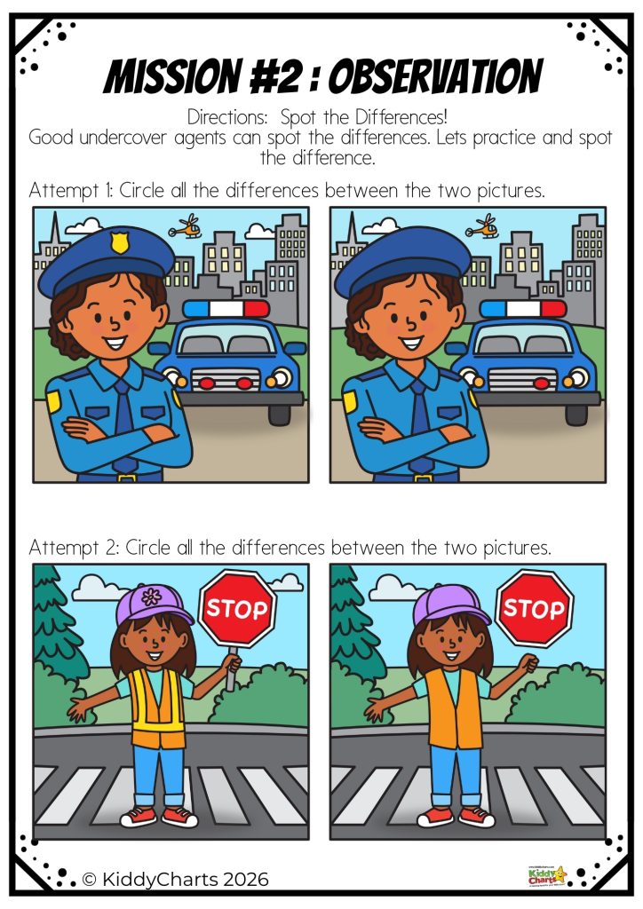 Two spot-the-difference puzzles featuring different scenes with people, police cars, buildings, and trees. Instructions guide observers to identify differences.