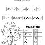Cartoon detective with magnifying glass solves secret code puzzle using a key. Icons include binoculars, map, hat, car, gloves, and notebook.