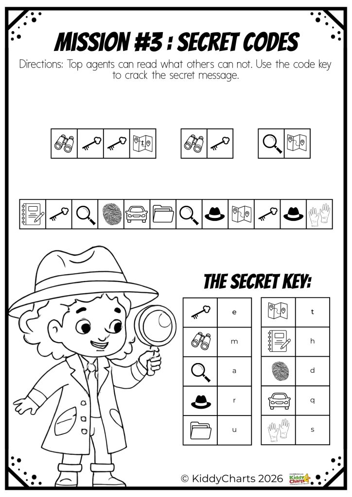 Cartoon detective with magnifying glass solves secret code puzzle using a key. Icons include binoculars, map, hat, car, gloves, and notebook.
