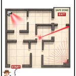 A maze challenge for a cartoon agent to navigate from start to exit, avoiding laser and camera detection to reach the safe zone.