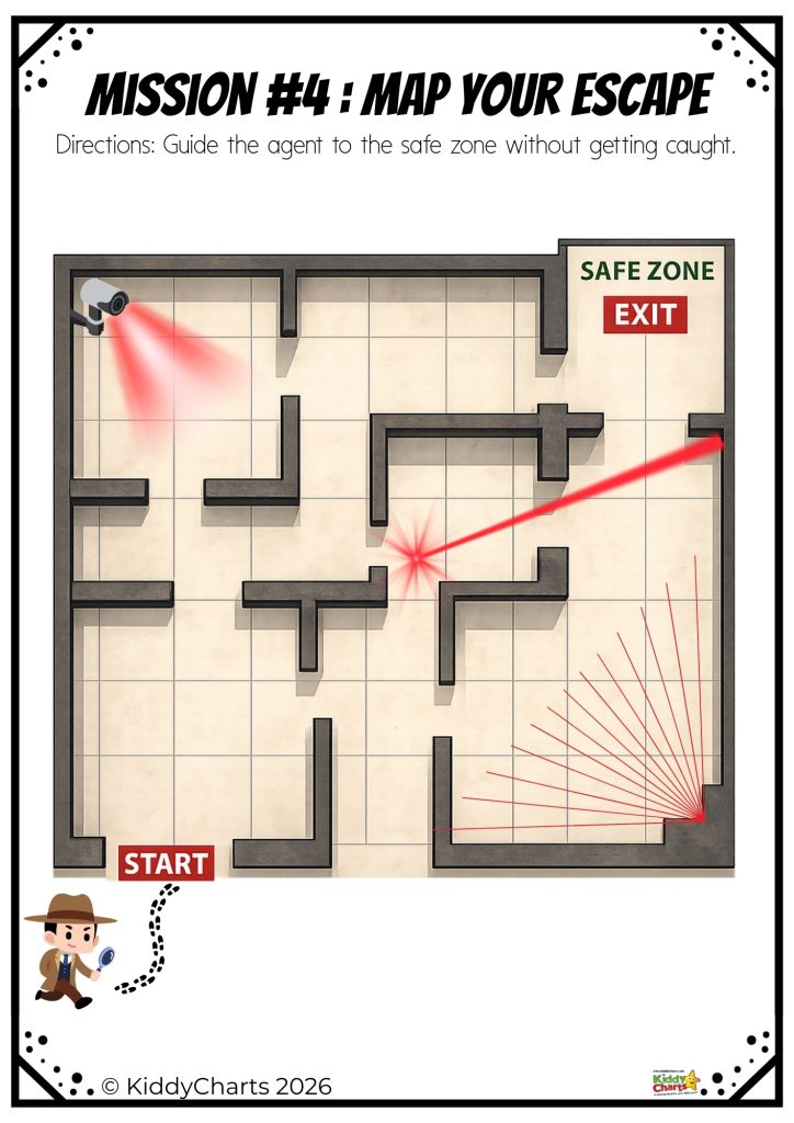 A maze challenge for a cartoon agent to navigate from start to exit, avoiding laser and camera detection to reach the safe zone.