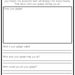 A worksheet titled "Mission #5: Final Mission Briefing" for designing a special gadget, with blank sections for drawing and information.