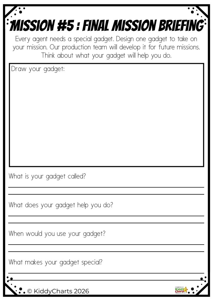 A worksheet titled "Mission #5: Final Mission Briefing" for designing a special gadget, with blank sections for drawing and information.