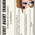 Illustrated "Secret Agent Training" certificate, awarded for skills in observation, problem-solving, and creative thinking. Features a cartoon detective with a magnifying glass.