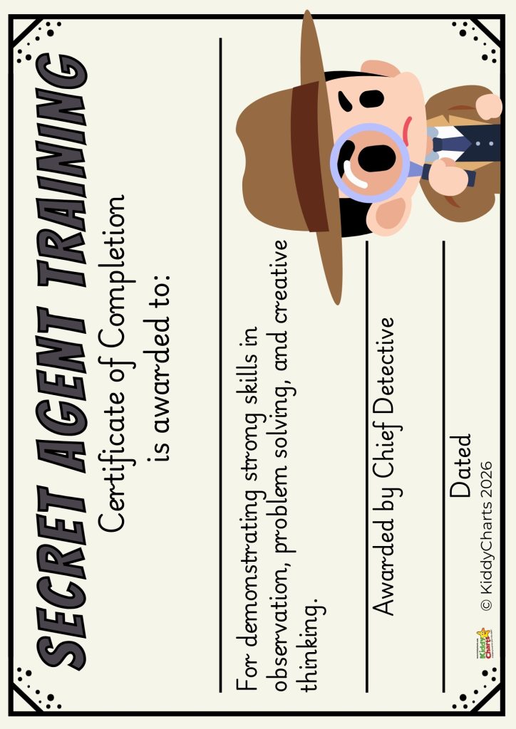 Illustrated "Secret Agent Training" certificate, awarded for skills in observation, problem-solving, and creative thinking. Features a cartoon detective with a magnifying glass.