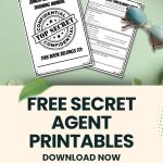 Secret Agent printables for kids, featuring a straw hat, sunglasses, and playful spy-themed documents. Download available at kiddycharts.com.