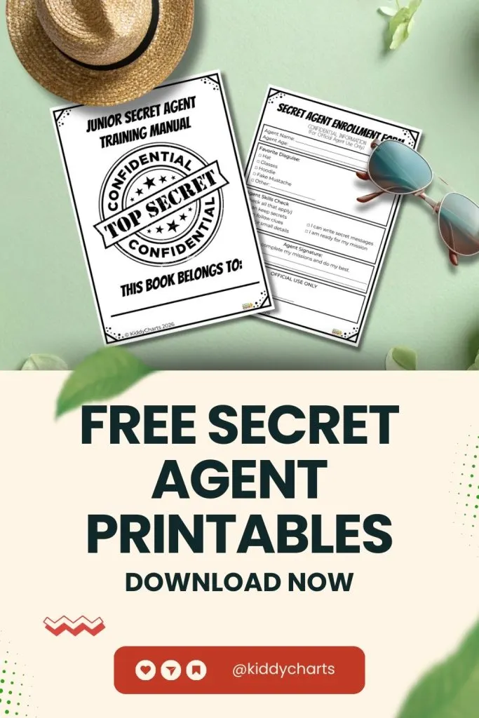 Secret Agent printables for kids, featuring a straw hat, sunglasses, and playful spy-themed documents. Download available at kiddycharts.com.