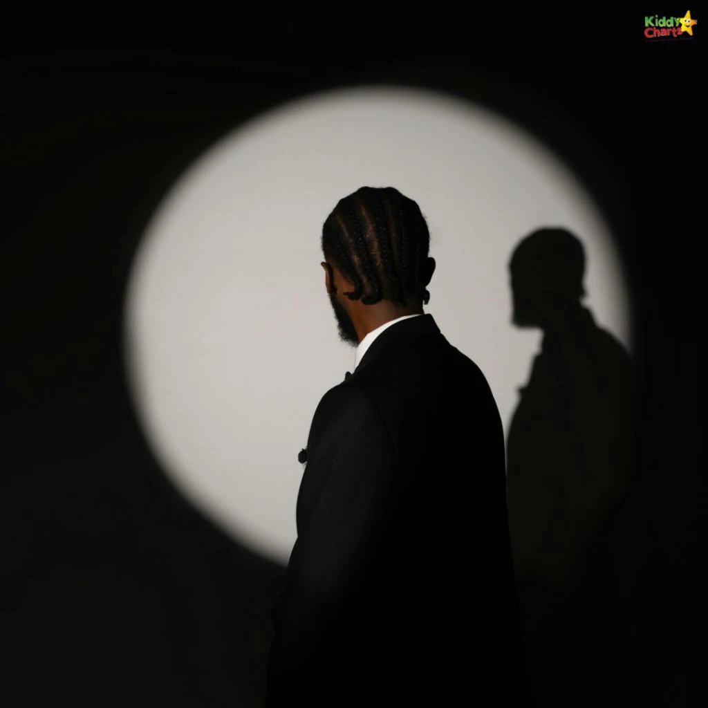 A person in formal attire stands under spotlight, casting a shadow on the wall, creating a dramatic, minimalist scene.