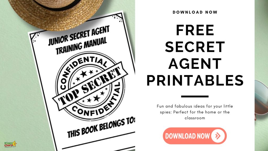 Downloadable "Secret Agent Printables" with a top secret training manual design. Includes a hat and sunglasses on a light background.
