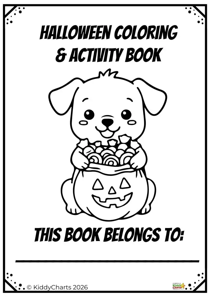 A cute puppy holds a pumpkin-shaped basket full of candy on a Halloween coloring and activity book cover.