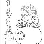 A bubbling cauldron and broomstick are depicted in a black-and-white illustration with swirling steam and decorative corner patterns.