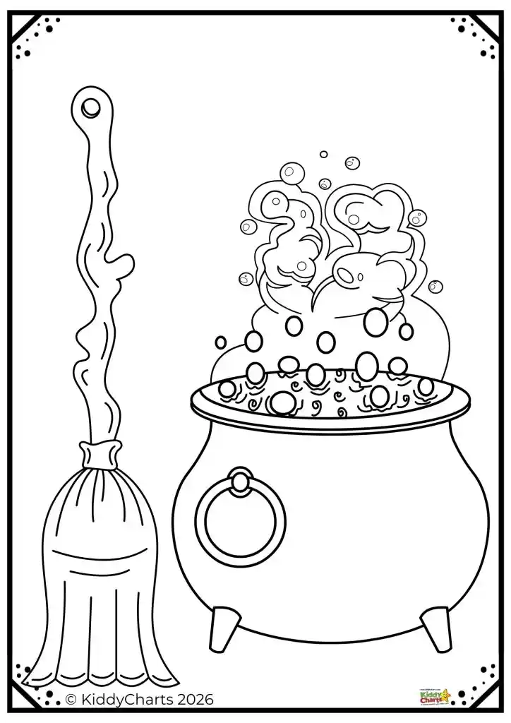A bubbling cauldron and broomstick are depicted in a black-and-white illustration with swirling steam and decorative corner patterns.