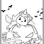 A cute unicorn, witch's hat, cat, and mummy surround a large jack-o'-lantern. Bats and spiderwebs enhance the Halloween theme.