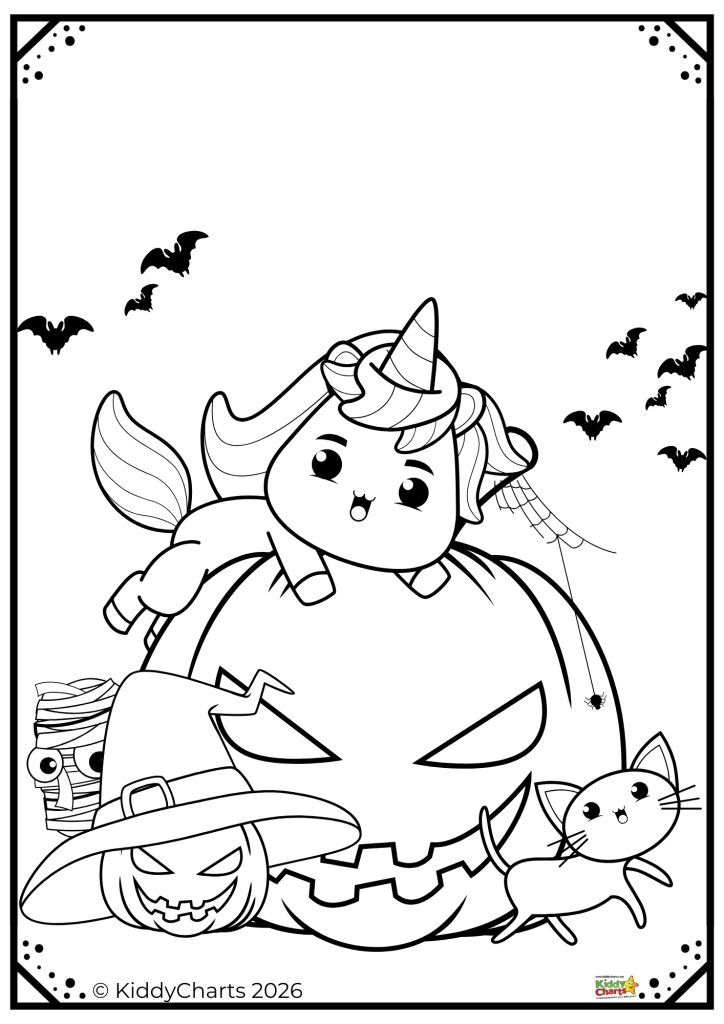 A cute unicorn, witch's hat, cat, and mummy surround a large jack-o'-lantern. Bats and spiderwebs enhance the Halloween theme.