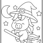A cute unicorn wearing a witch hat, riding a broomstick, surrounded by stars and a crescent moon, in a playful illustration.
