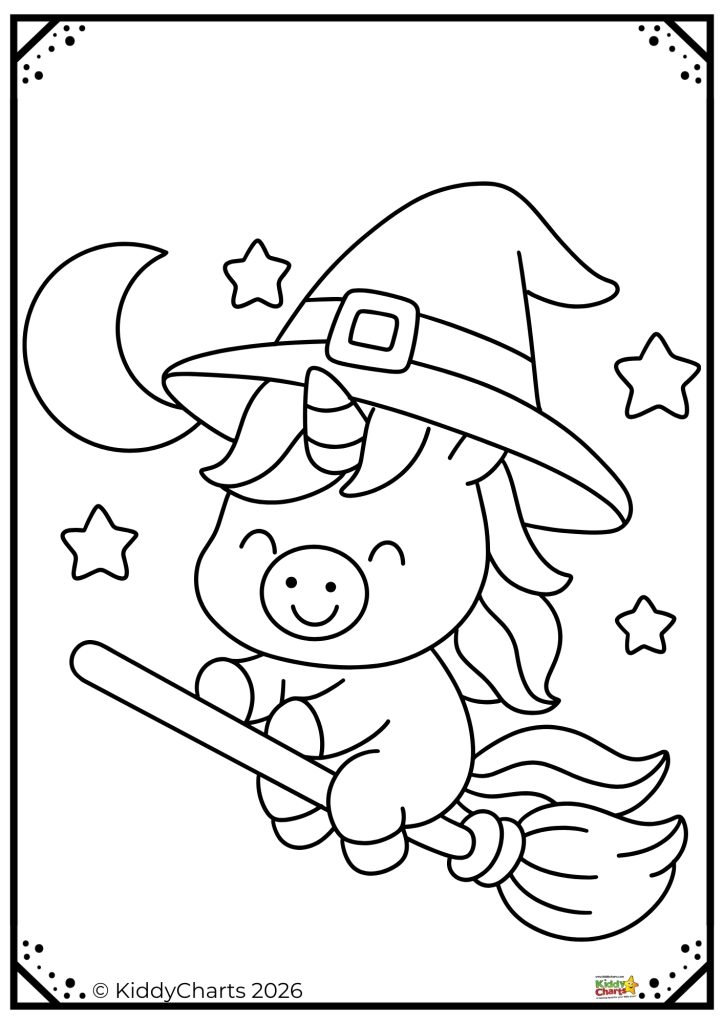 A cute unicorn wearing a witch hat, riding a broomstick, surrounded by stars and a crescent moon, in a playful illustration.