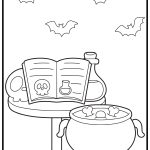 A Halloween-themed coloring page featuring bats, a potion book, a cauldron with bones, and a potion bottle on a table.
