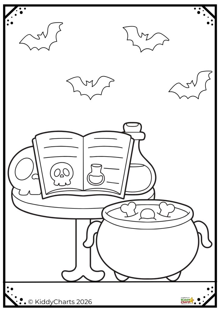 A Halloween-themed coloring page featuring bats, a potion book, a cauldron with bones, and a potion bottle on a table.