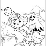A whimsical Halloween scene features a unicorn-costumed person on a broomstick, cauldron, pumpkins, cat, ghost, and bats under the moonlight.