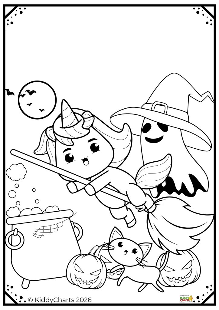 A whimsical Halloween scene features a unicorn-costumed person on a broomstick, cauldron, pumpkins, cat, ghost, and bats under the moonlight.
