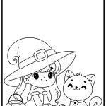 A cartoon witch with a pumpkin sits beside a smiling cat. The image is framed with decorative corners and simple outlines.